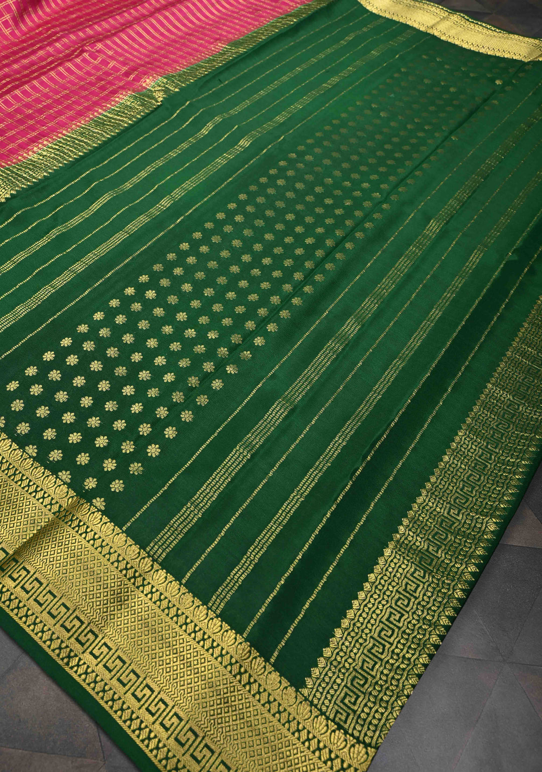 Pink Zari Checks on Pure Mysore Silk Saree With Contrast Zari Border in KSIC Grade Thickness | SILK MARK CERTIFIED