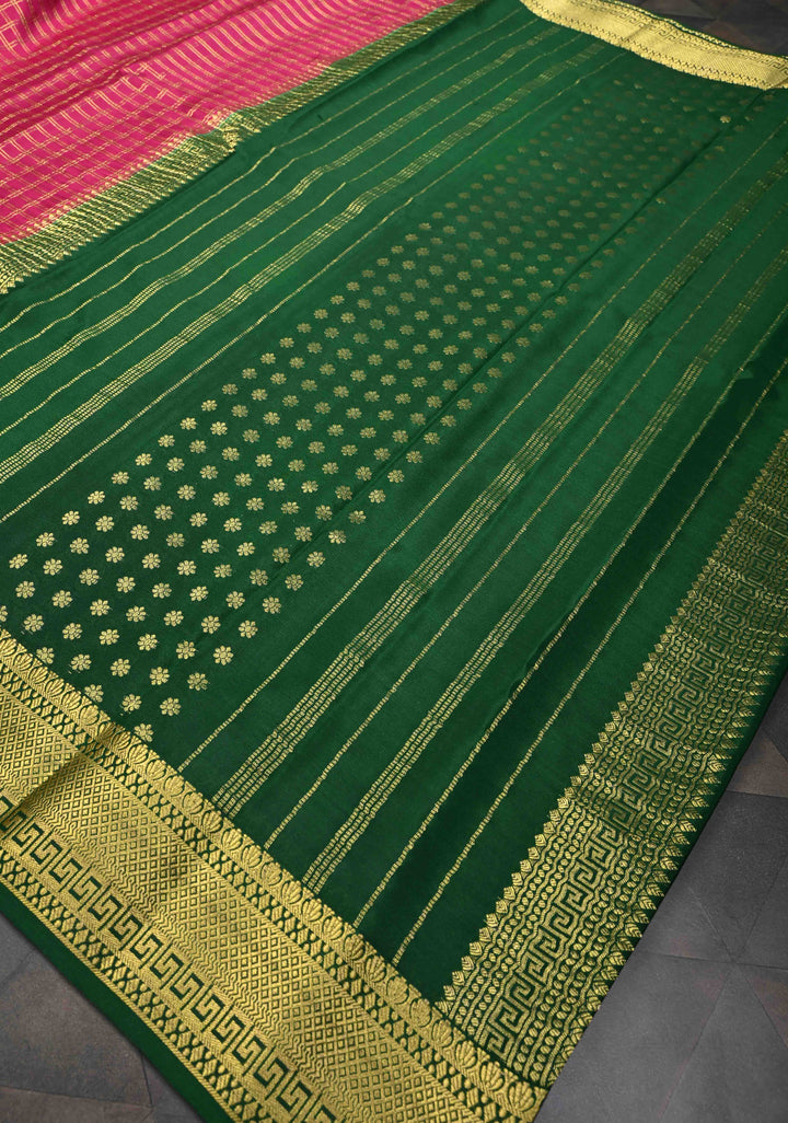 Pink Zari Checks on Pure Mysore Silk Saree With Contrast Zari Border in KSIC Grade Thickness | SILK MARK CERTIFIED