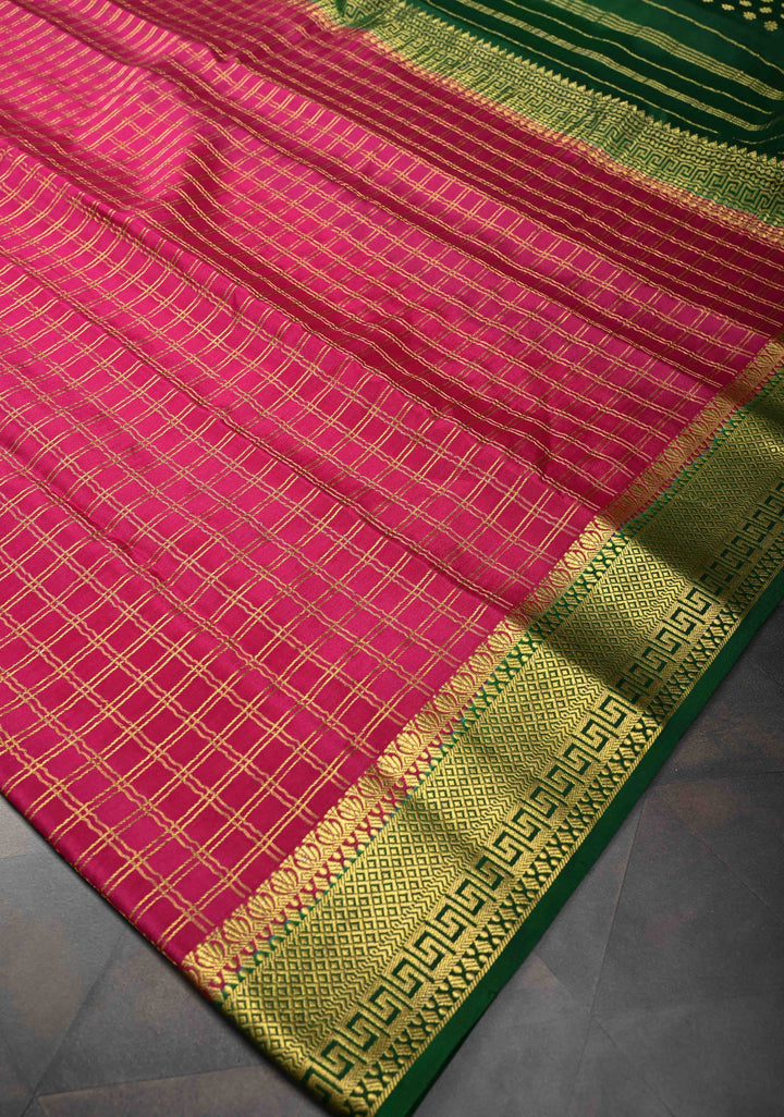Pink Zari Checks on Pure Mysore Silk Saree With Contrast Zari Border in KSIC Grade Thickness | SILK MARK CERTIFIED