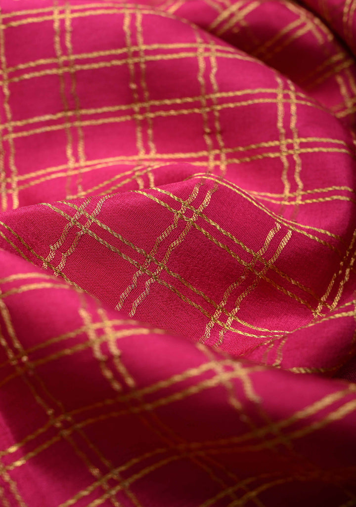 Pink Zari Checks on Pure Mysore Silk Saree With Contrast Zari Border in KSIC Grade Thickness | SILK MARK CERTIFIED
