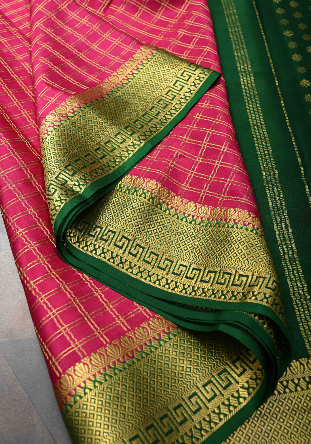 Pink Zari Checks on Pure Mysore Silk Saree With Contrast Zari Border in KSIC Grade Thickness | SILK MARK CERTIFIED