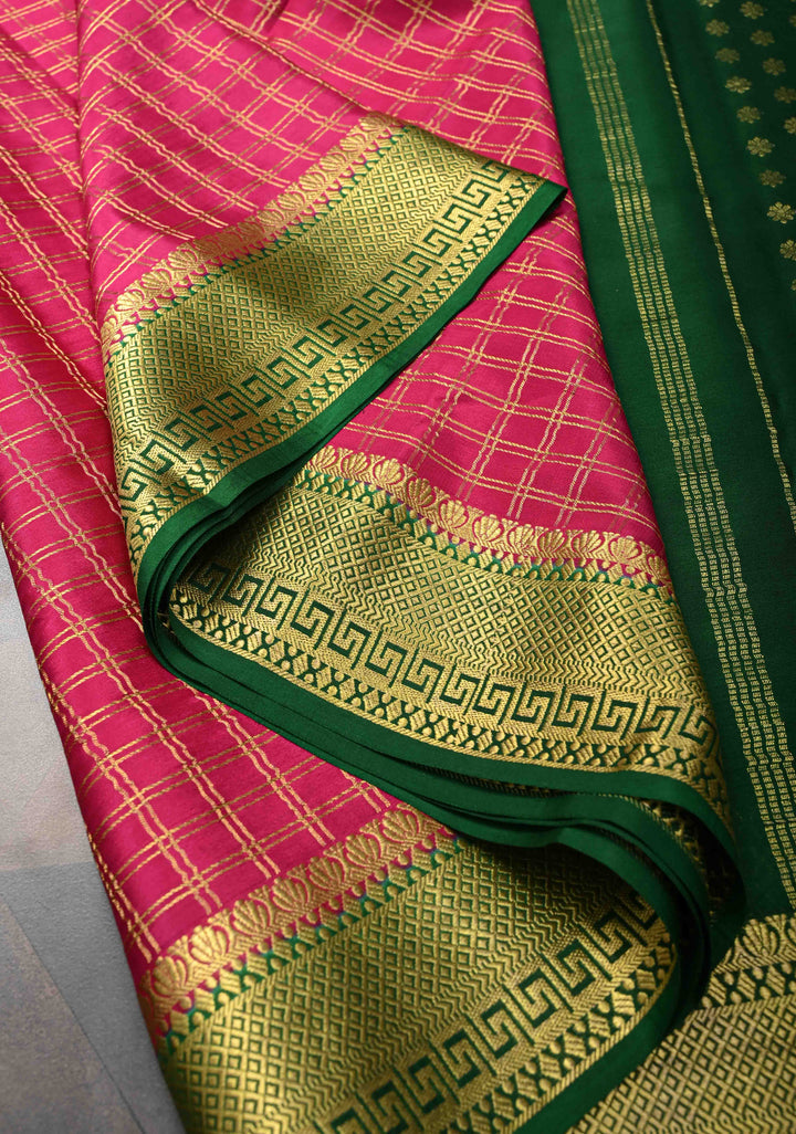 Pink Zari Checks on Pure Mysore Silk Saree With Contrast Zari Border in KSIC Grade Thickness | SILK MARK CERTIFIED