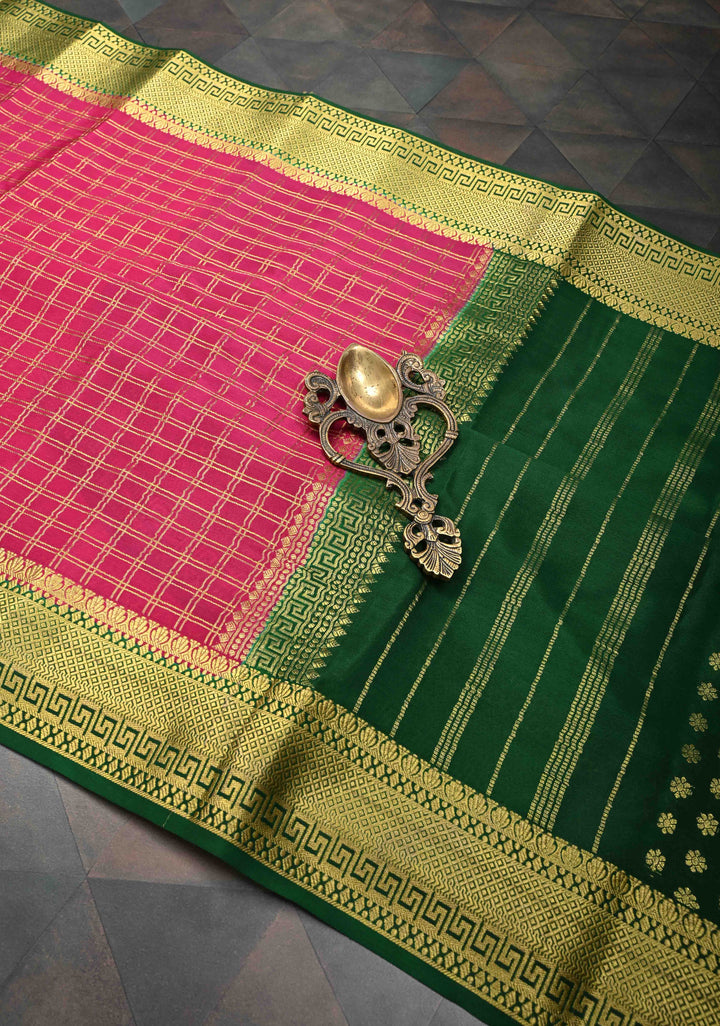 Pink Zari Checks on Pure Mysore Silk Saree With Contrast Zari Border in KSIC Grade Thickness | SILK MARK CERTIFIED