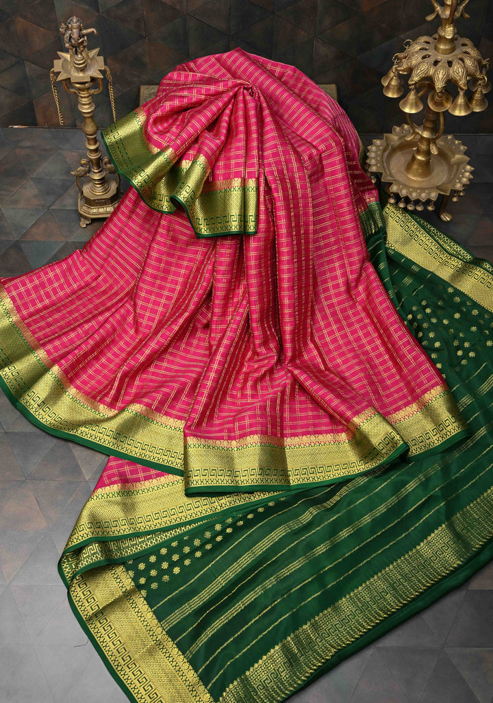 Pink Zari Checks on Pure Mysore Silk Saree With Contrast Zari Border in KSIC Grade Thickness | SILK MARK CERTIFIED