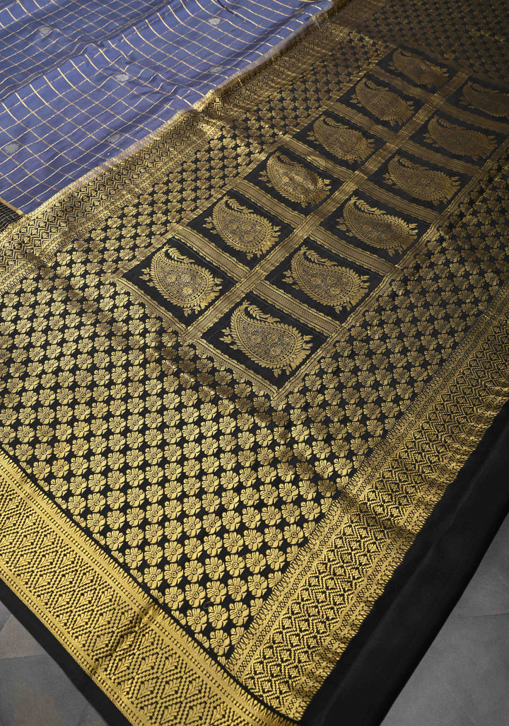 Admiral Blue Zari Checks on Pure Mysore Silk saree With Contrast Zari Border in KSIC Grade Thickness | SILK MARK CERTIFIED