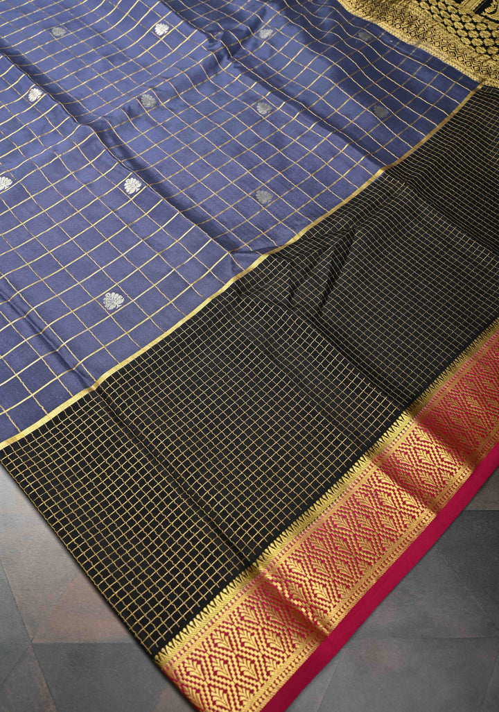 Admiral Blue Zari Checks on Pure Mysore Silk saree With Contrast Zari Border in KSIC Grade Thickness | SILK MARK CERTIFIED