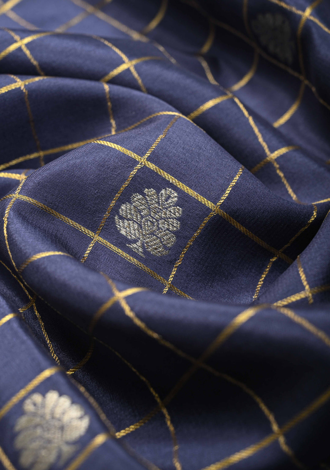 Admiral Blue Zari Checks on Pure Mysore Silk saree With Contrast Zari Border in KSIC Grade Thickness | SILK MARK CERTIFIED