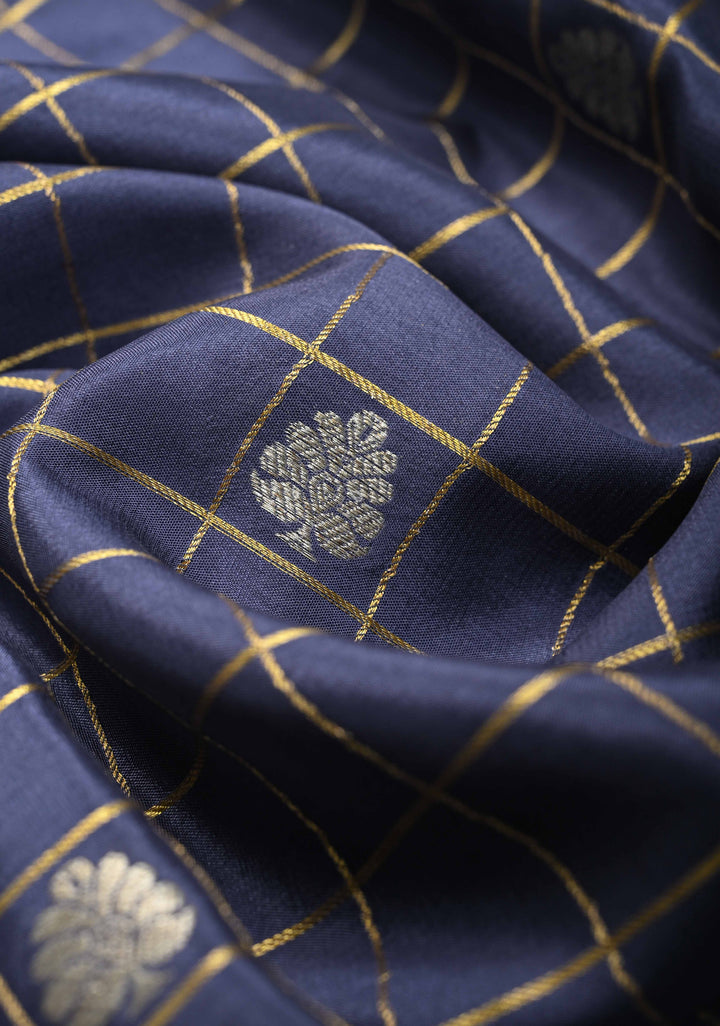 Admiral Blue Zari Checks on Pure Mysore Silk saree With Contrast Zari Border in KSIC Grade Thickness | SILK MARK CERTIFIED