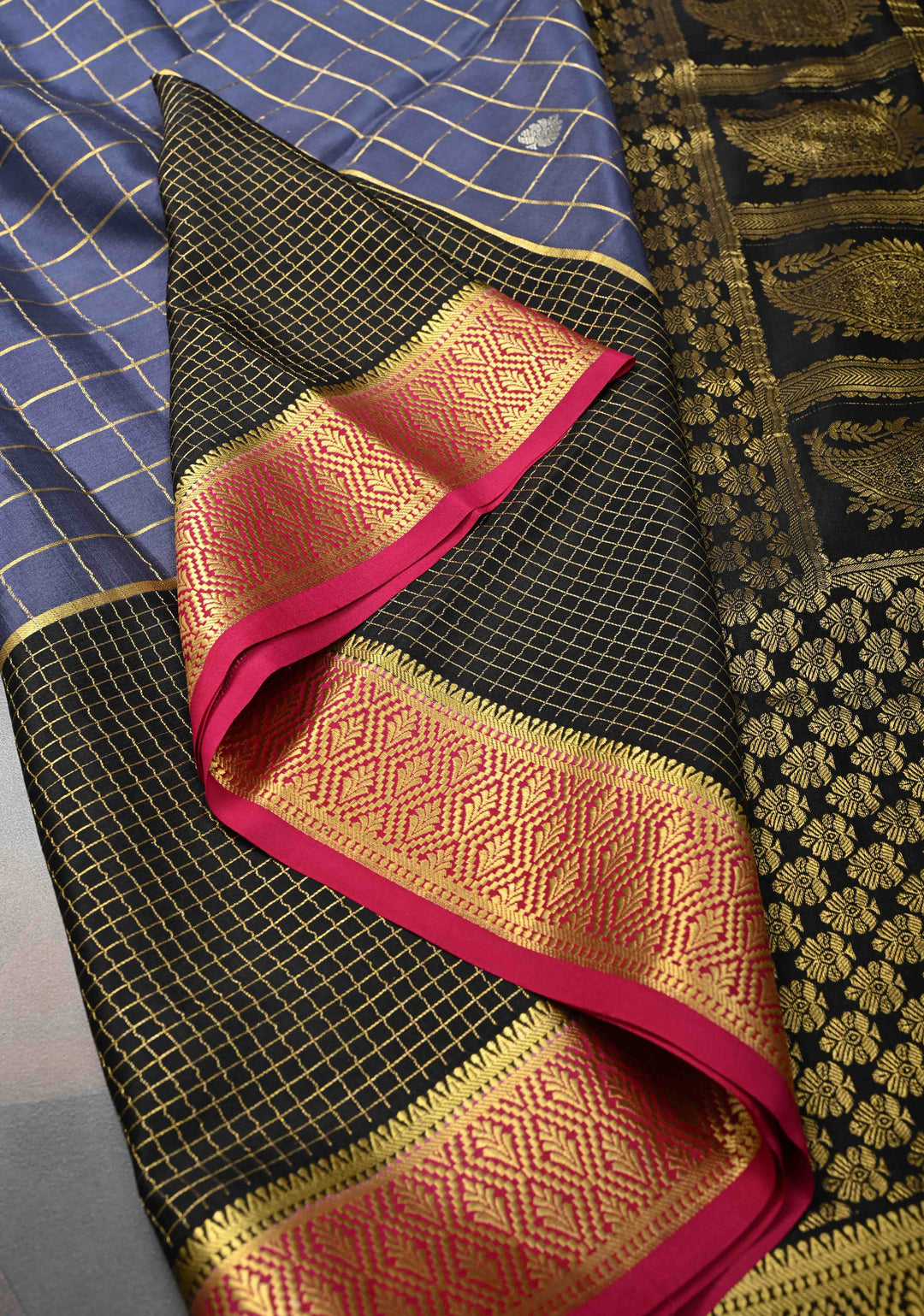 Admiral Blue Zari Checks on Pure Mysore Silk saree With Contrast Zari Border in KSIC Grade Thickness | SILK MARK CERTIFIED