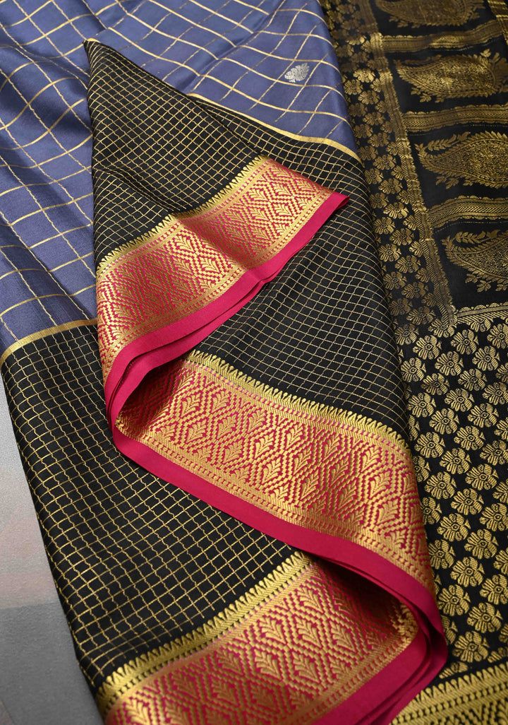 Admiral Blue Zari Checks on Pure Mysore Silk saree With Contrast Zari Border in KSIC Grade Thickness | SILK MARK CERTIFIED