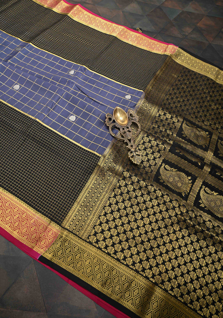 Admiral Blue Zari Checks on Pure Mysore Silk saree With Contrast Zari Border in KSIC Grade Thickness | SILK MARK CERTIFIED