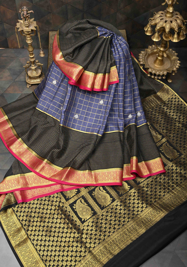 Admiral Blue Zari Checks on Pure Mysore Silk saree With Contrast Zari Border in KSIC Grade Thickness | SILK MARK CERTIFIED