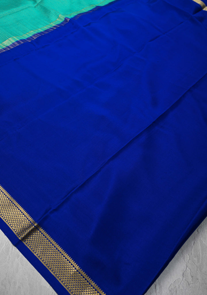 Turquoise Mysore Silk Saree with Zari Checks and Zari Border in KSIC Grade Thickness | SILK MARK CERTIFIED