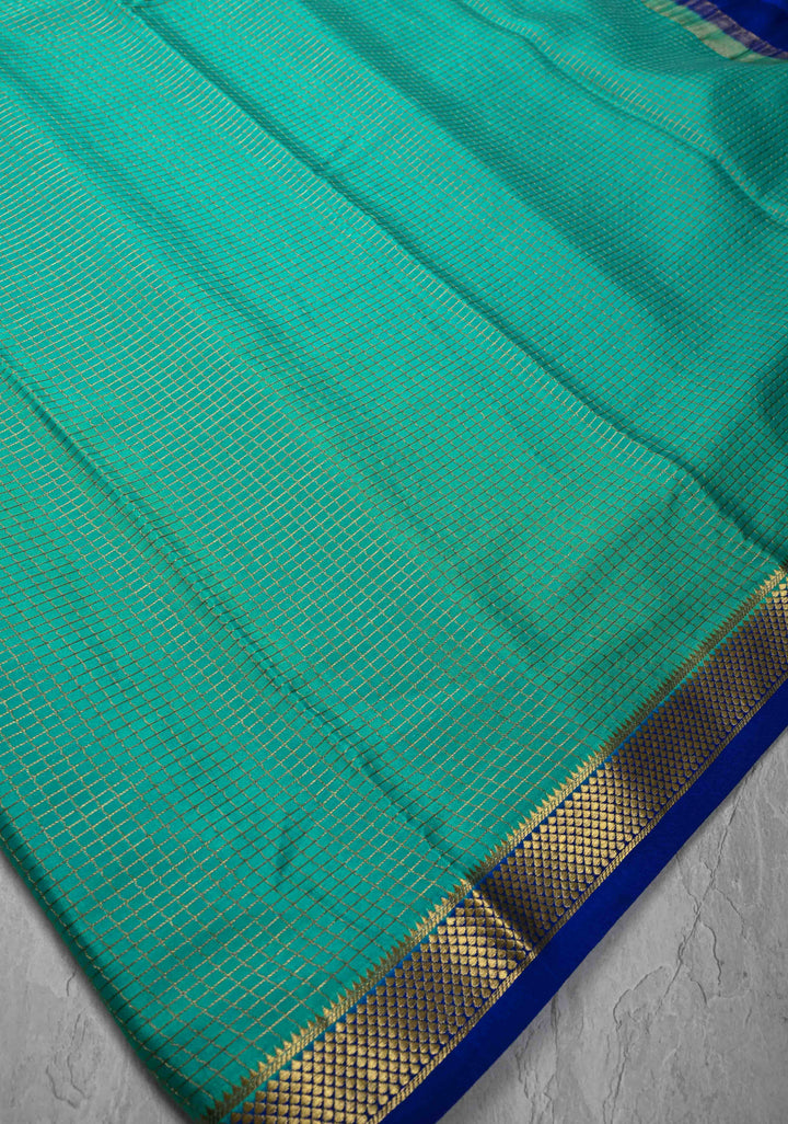 Turquoise Mysore Silk Saree with Zari Checks and Zari Border in KSIC Grade Thickness | SILK MARK CERTIFIED