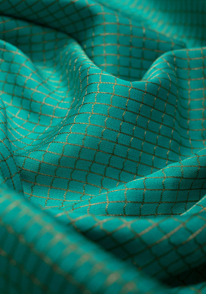 Turquoise Mysore Silk Saree with Zari Checks and Zari Border in KSIC Grade Thickness | SILK MARK CERTIFIED