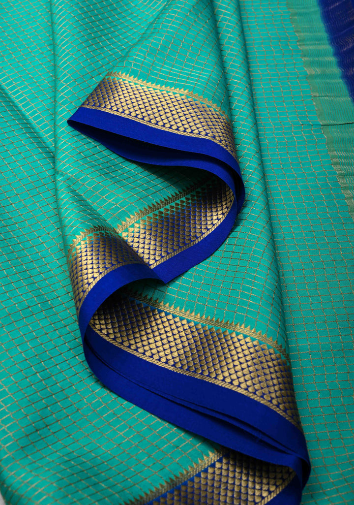 Turquoise Mysore Silk Saree with Zari Checks and Zari Border in KSIC Grade Thickness | SILK MARK CERTIFIED