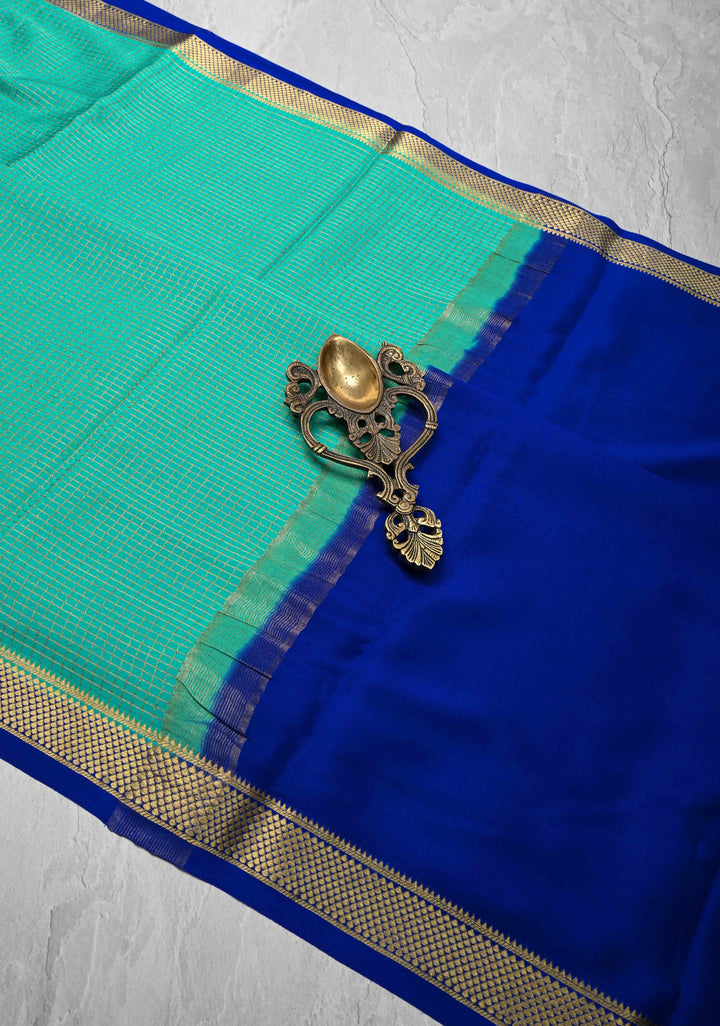Turquoise Mysore Silk Saree with Zari Checks and Zari Border in KSIC Grade Thickness | SILK MARK CERTIFIED