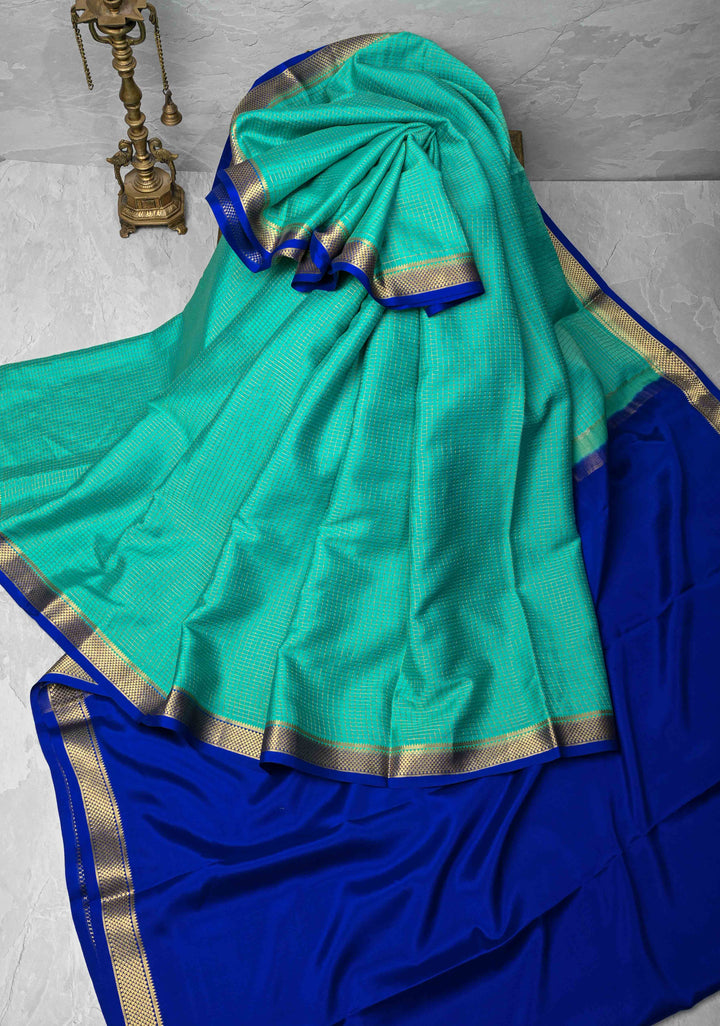 Turquoise Mysore Silk Saree with Zari Checks and Zari Border in KSIC Grade Thickness | SILK MARK CERTIFIED