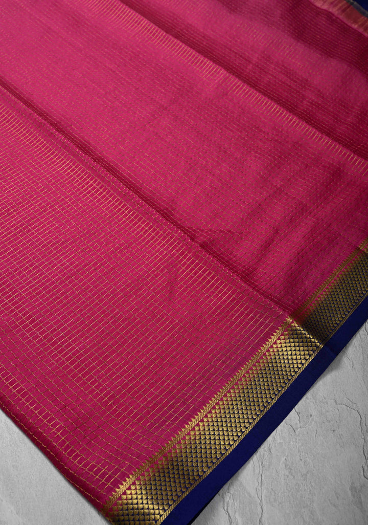 Dark Pink Mysore Silk Saree with Zari Checks and Zari Border in KSIC Grade Thickness | SILK MARK CERTIFIED