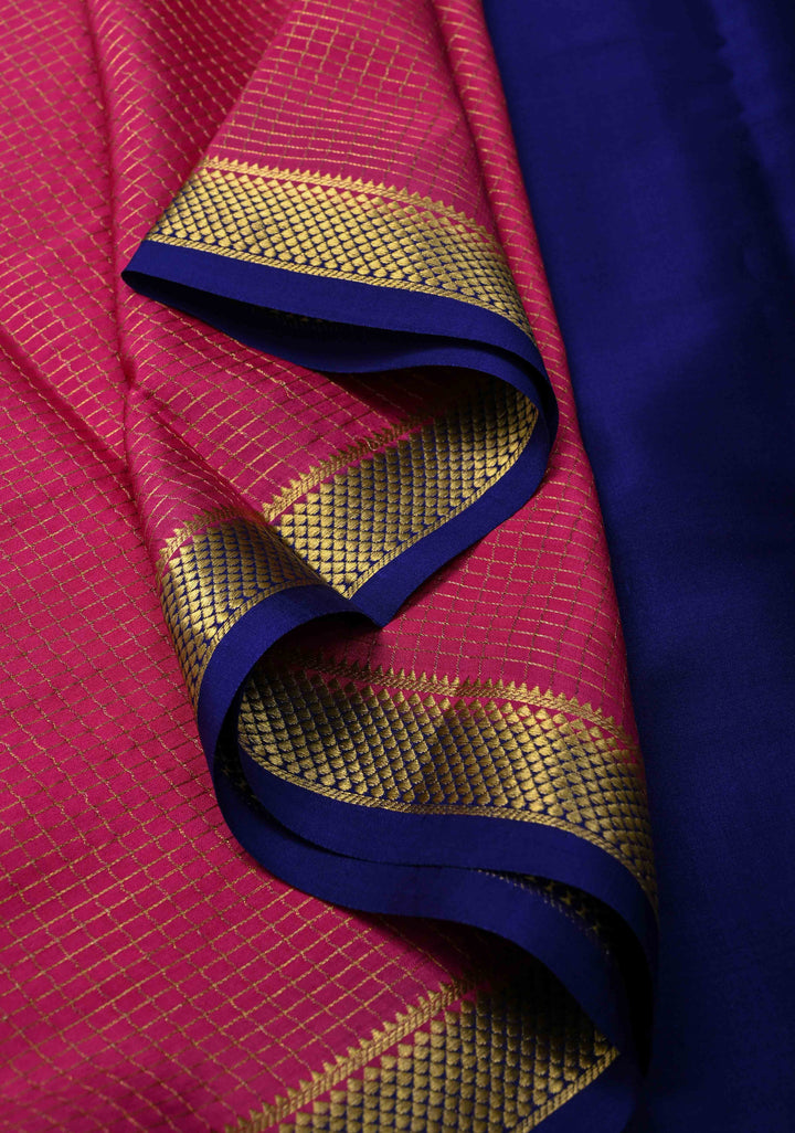 Dark Pink Mysore Silk Saree with Zari Checks and Zari Border in KSIC Grade Thickness | SILK MARK CERTIFIED