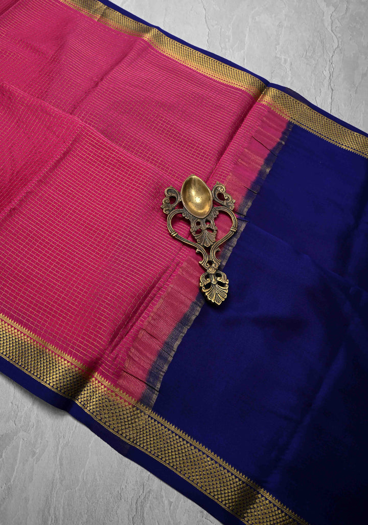 Dark Pink Mysore Silk Saree with Zari Checks and Zari Border in KSIC Grade Thickness | SILK MARK CERTIFIED