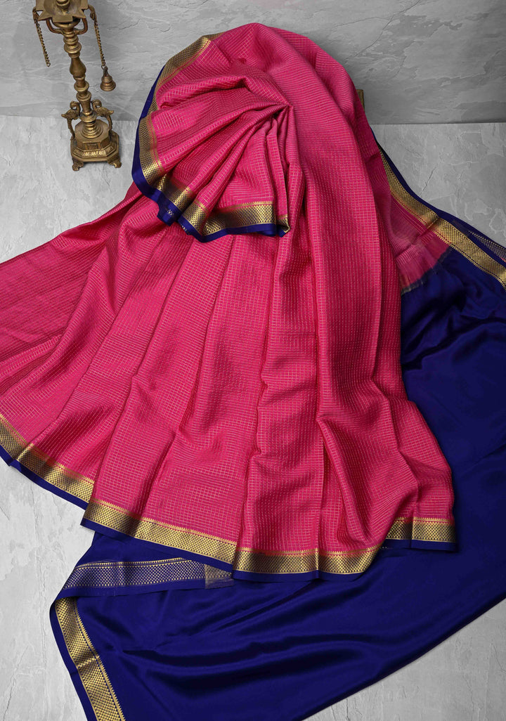 Dark Pink Mysore Silk Saree with Zari Checks and Zari Border in KSIC Grade Thickness | SILK MARK CERTIFIED