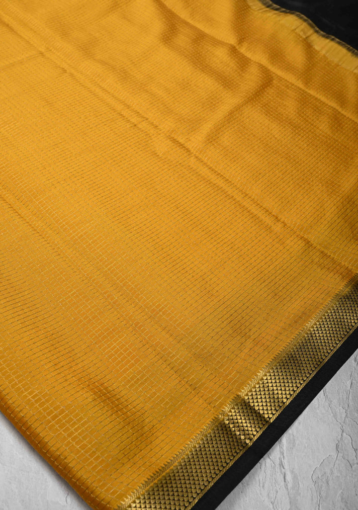 Mustard Yellow Mysore Silk Saree with Podi-Kattam Zari Checks and Zari Border in KSIC Grade Thickness | SILK MARK CERTIFIED