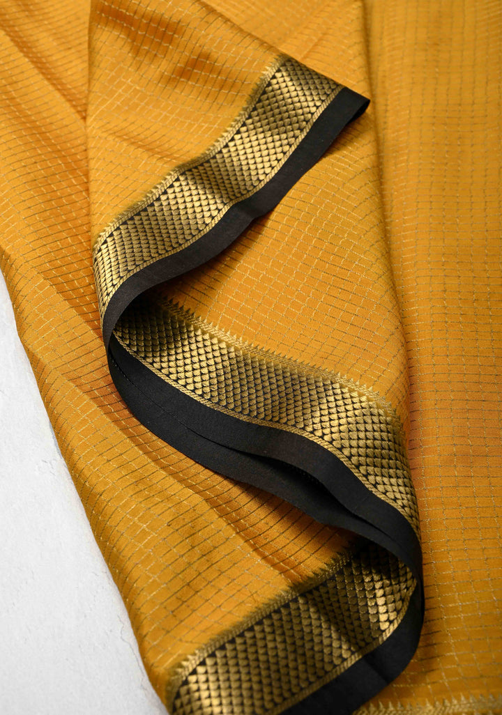 Mustard Yellow Mysore Silk Saree with Podi-Kattam Zari Checks and Zari Border in KSIC Grade Thickness | SILK MARK CERTIFIED