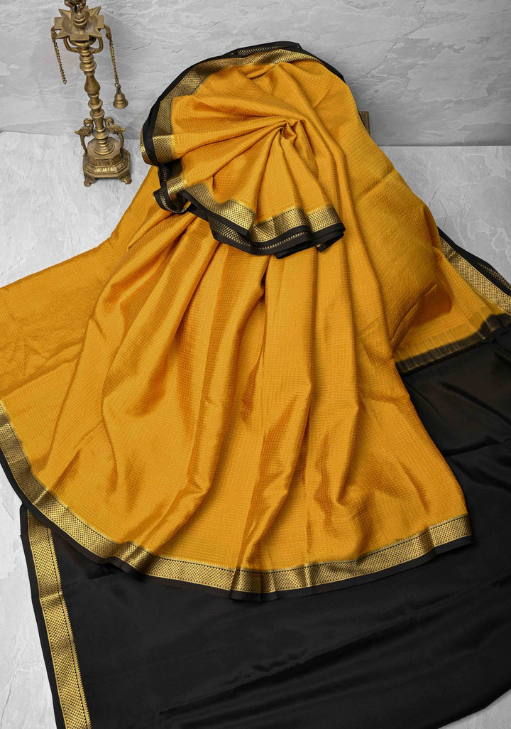 Mustard Yellow Mysore Silk Saree with Podi-Kattam Zari Checks and Zari Border in KSIC Grade Thickness | SILK MARK CERTIFIED