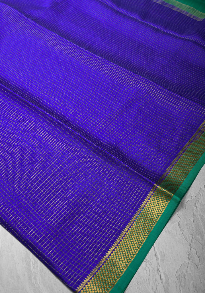Royal Blue Mysore Silk Saree with Zari Checks and Zari Border in KSIC Grade Thickness | SILK MARK CERTIFIED