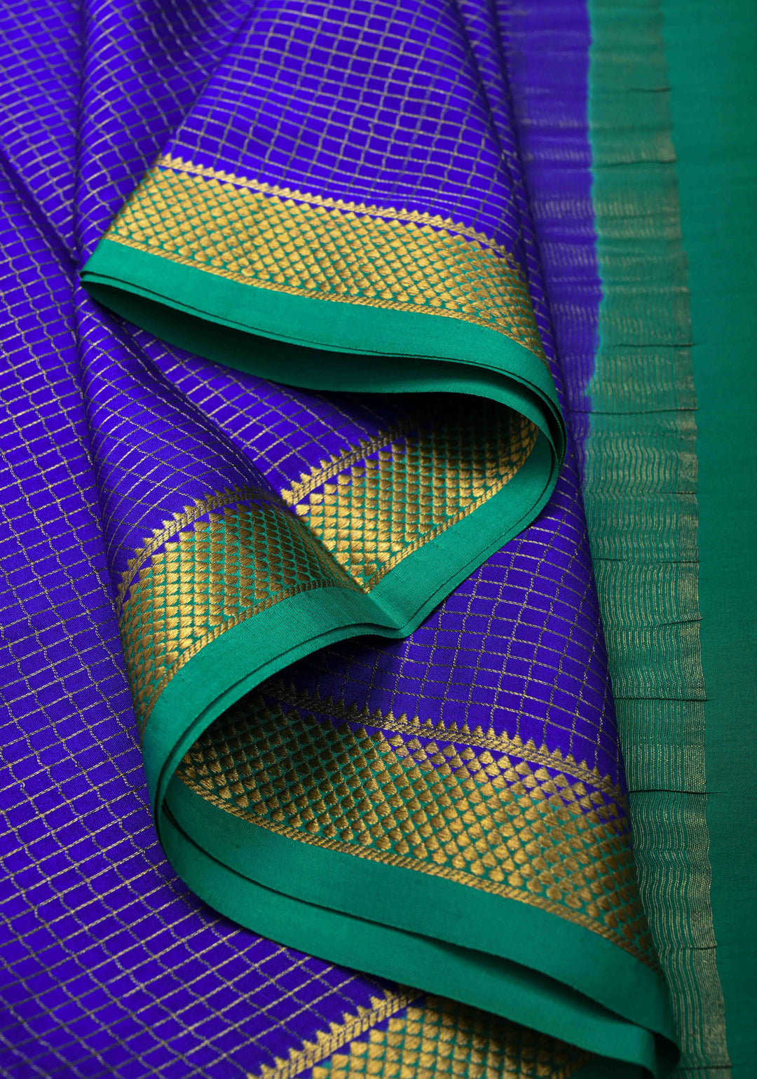 Royal Blue Mysore Silk Saree with Zari Checks and Zari Border in KSIC Grade Thickness | SILK MARK CERTIFIED