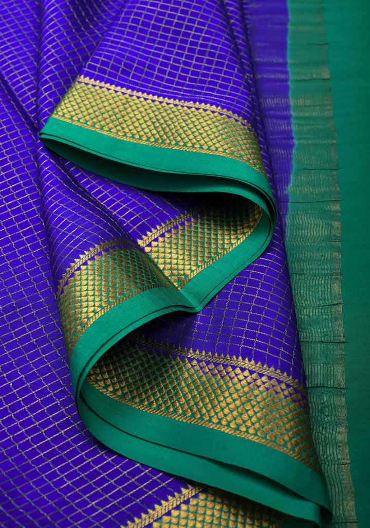 Royal Blue Mysore Silk Saree with Zari Checks and Zari Border in KSIC Grade Thickness | SILK MARK CERTIFIED