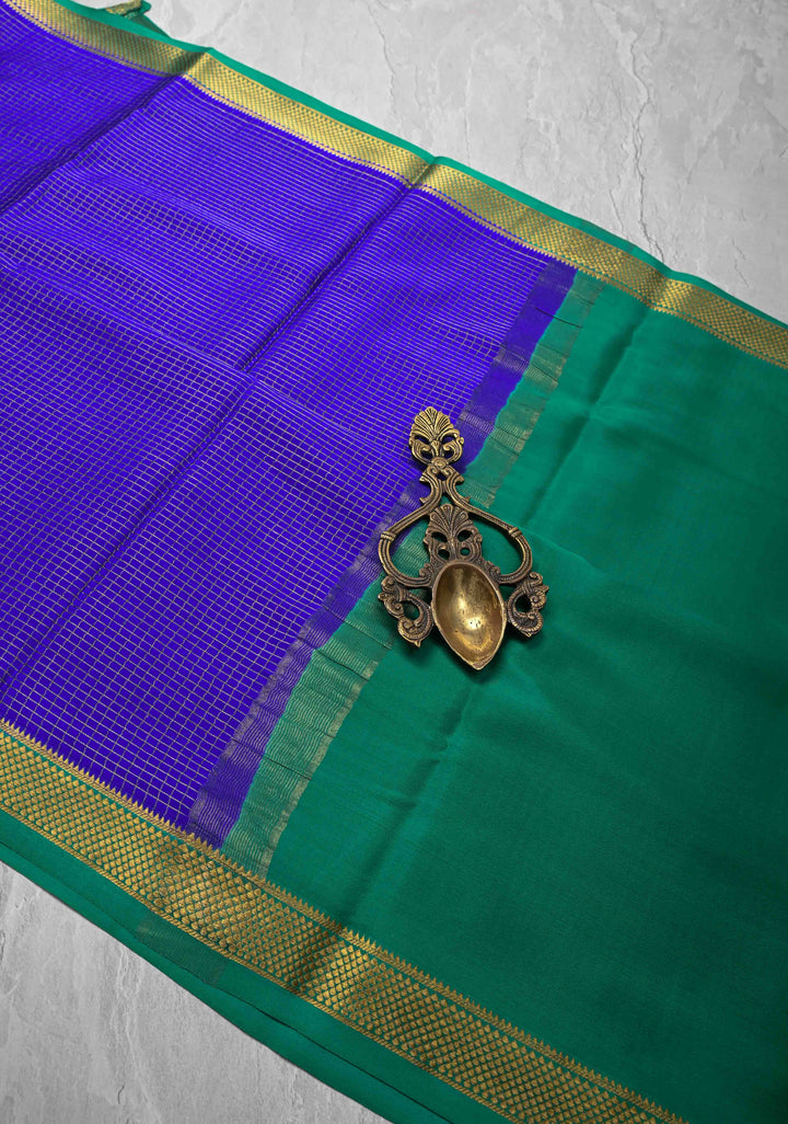 Royal Blue Mysore Silk Saree with Zari Checks and Zari Border in KSIC Grade Thickness | SILK MARK CERTIFIED