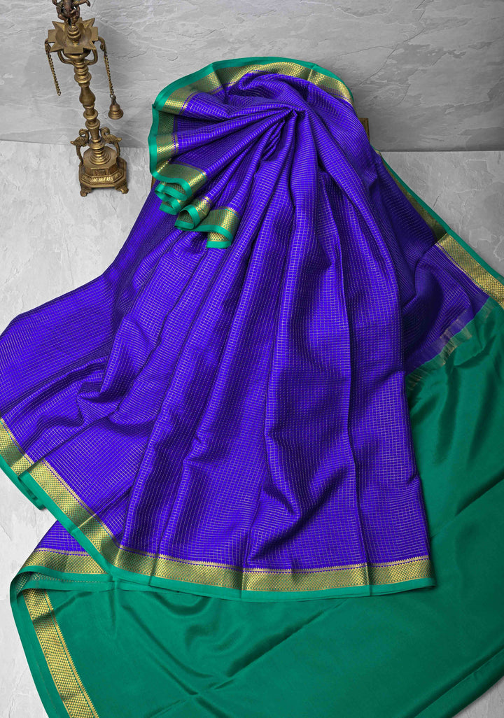 Royal Blue Mysore Silk Saree with Zari Checks and Zari Border in KSIC Grade Thickness | SILK MARK CERTIFIED