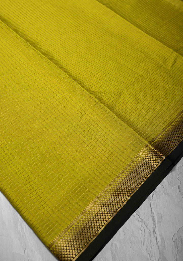 Moss Green Mysore Silk Saree with Podi-Kattam Zari Checks and Zari Border in KSIC Grade Thickness| SILK MARK CERTIFIED