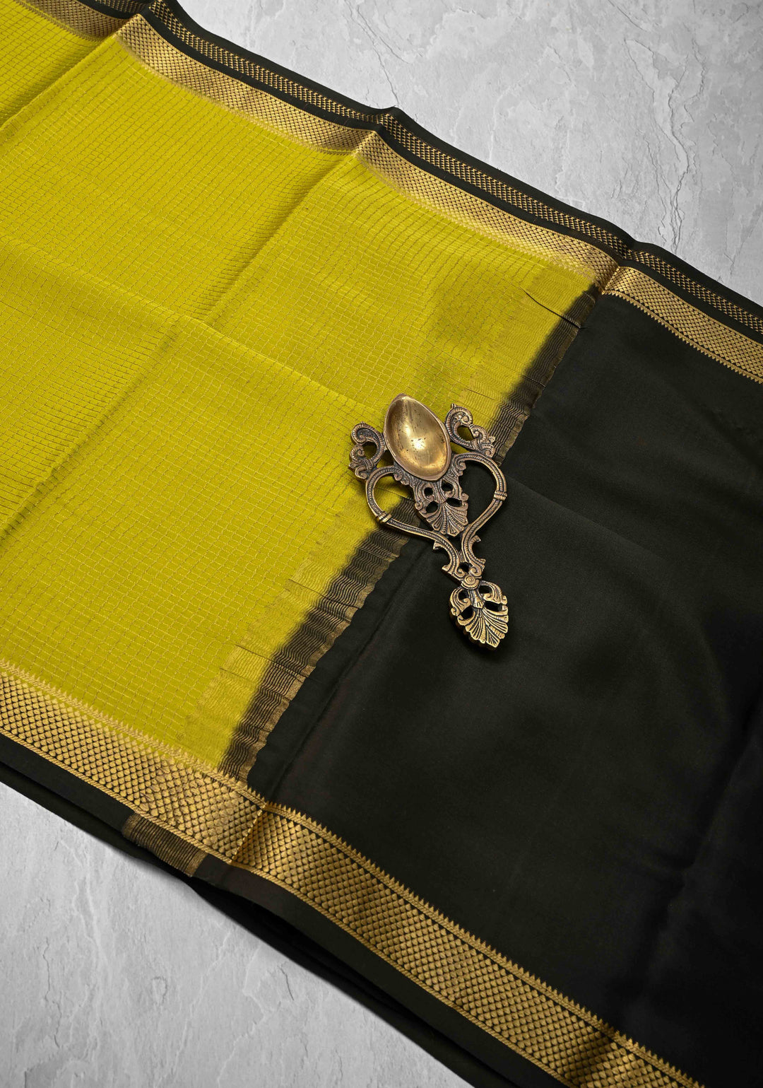 Moss Green Mysore Silk Saree with Podi-Kattam Zari Checks and Zari Border in KSIC Grade Thickness| SILK MARK CERTIFIED