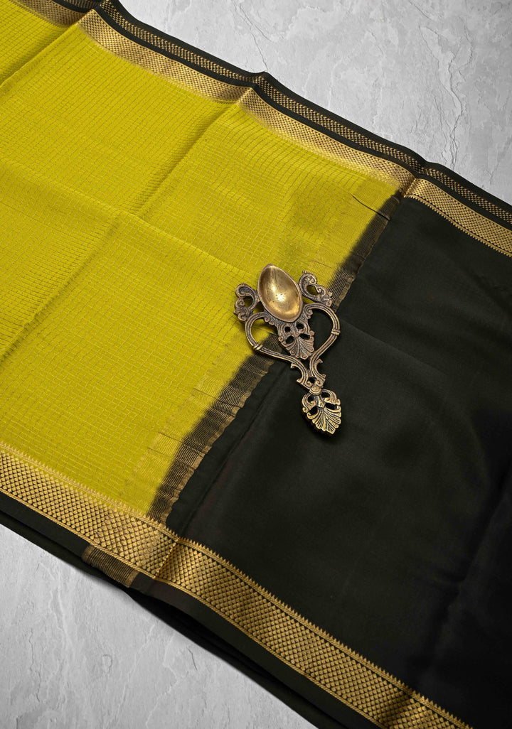 Moss Green Mysore Silk Saree with Podi-Kattam Zari Checks and Zari Border in KSIC Grade Thickness| SILK MARK CERTIFIED