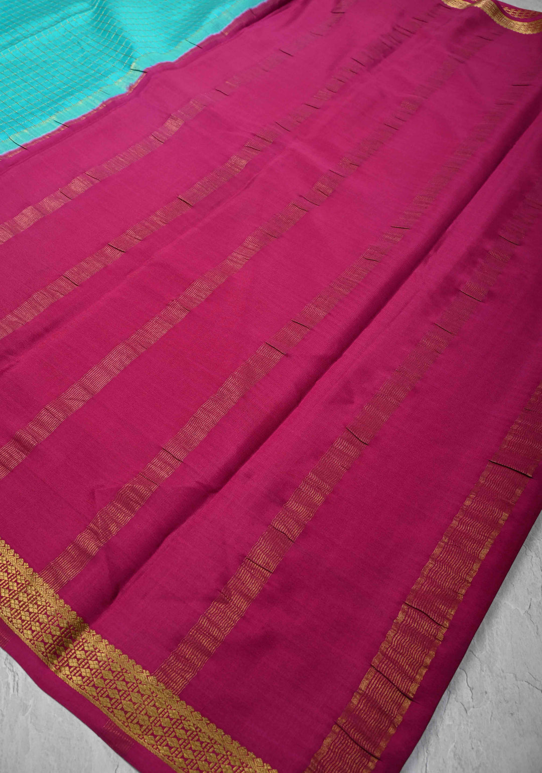 Turquoise Blue Mysore Silk Saree with Zari Checks and Zari Border in KSIC Grade Thickness | SILK MARK CERTIFIED