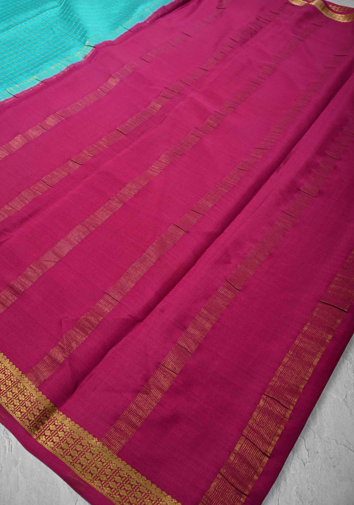 Turquoise Blue Mysore Silk Saree with Zari Checks and Zari Border in KSIC Grade Thickness | SILK MARK CERTIFIED