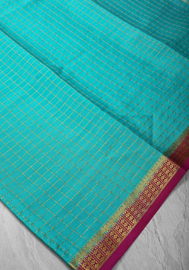 Turquoise Blue Mysore Silk Saree with Zari Checks and Zari Border in KSIC Grade Thickness | SILK MARK CERTIFIED