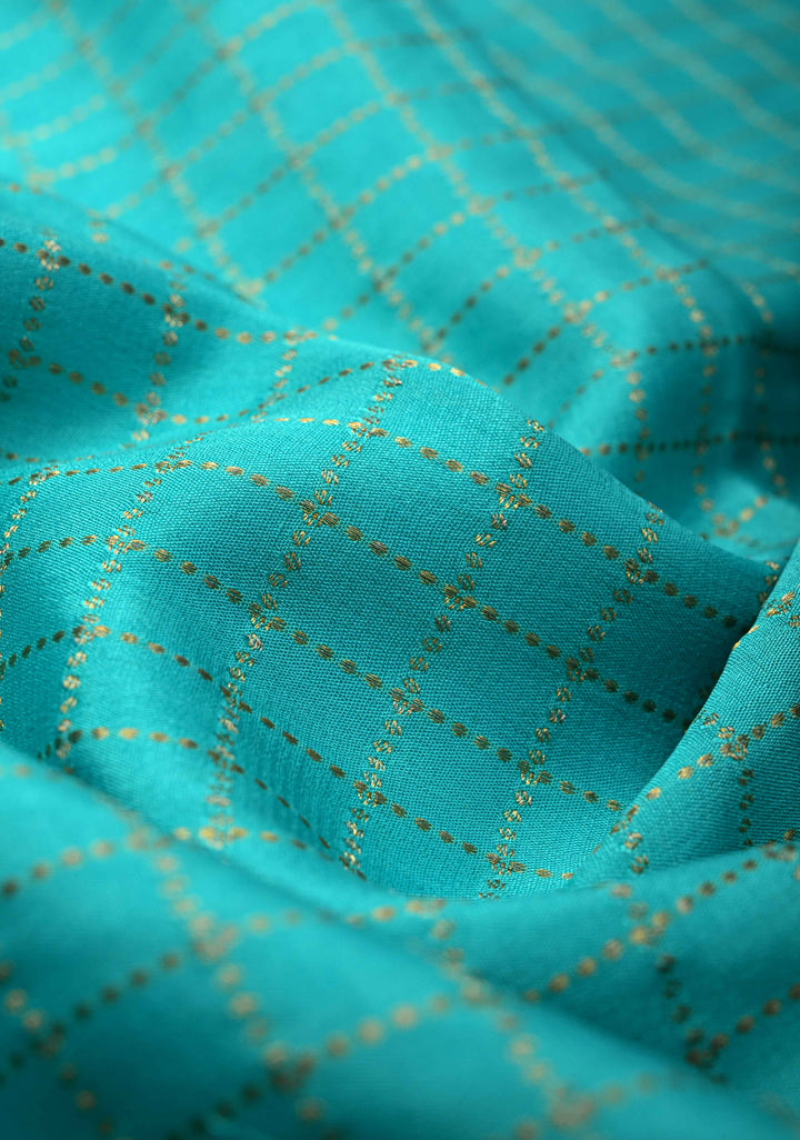 Turquoise Blue Mysore Silk Saree with Zari Checks and Zari Border in KSIC Grade Thickness | SILK MARK CERTIFIED