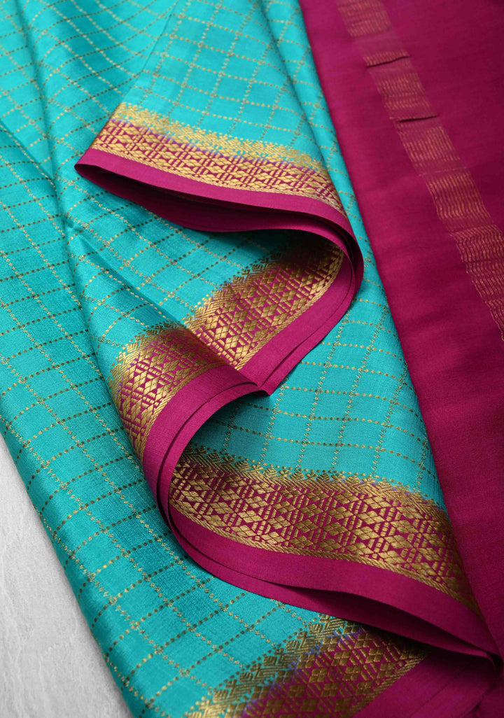 Turquoise Blue Mysore Silk Saree with Zari Checks and Zari Border in KSIC Grade Thickness | SILK MARK CERTIFIED