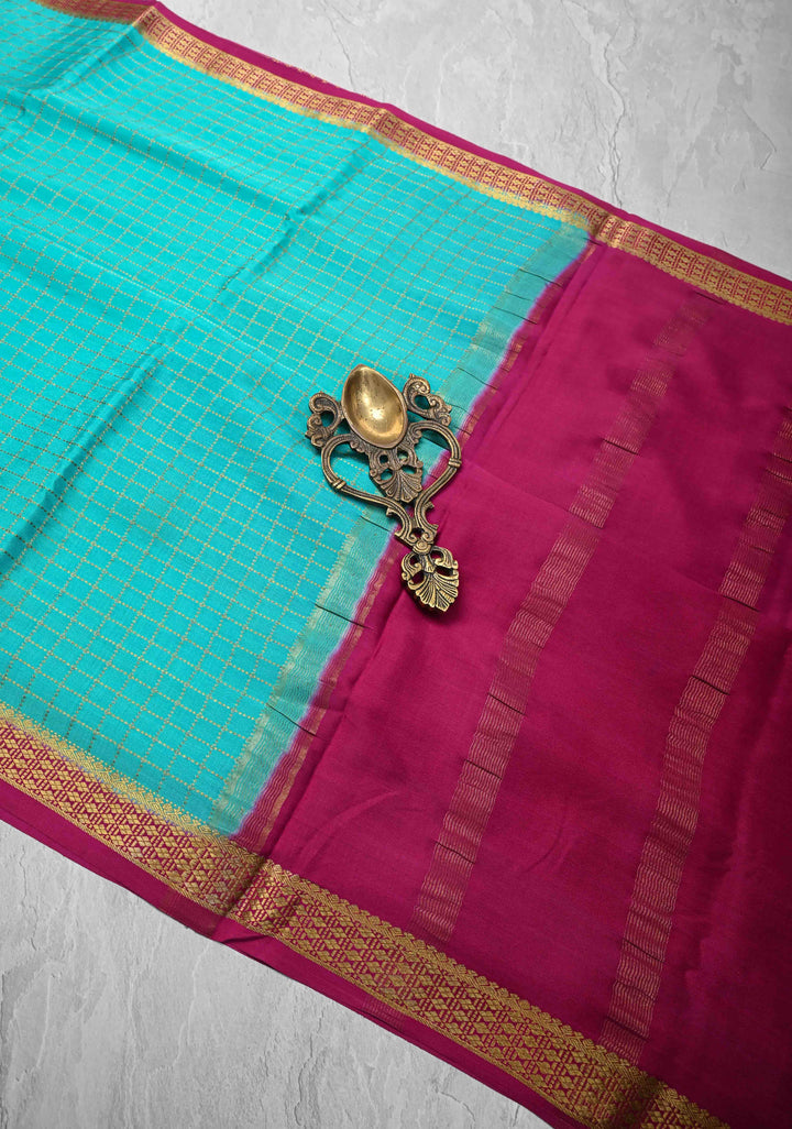 Turquoise Blue Mysore Silk Saree with Zari Checks and Zari Border in KSIC Grade Thickness | SILK MARK CERTIFIED
