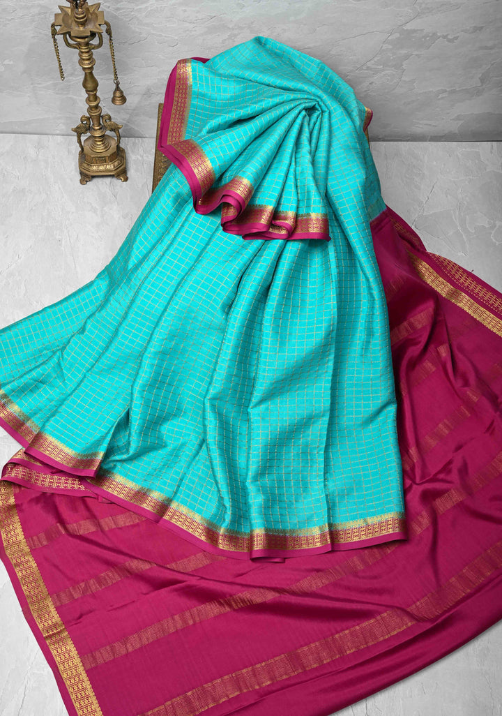 Turquoise Blue Mysore Silk Saree with Zari Checks and Zari Border in KSIC Grade Thickness | SILK MARK CERTIFIED