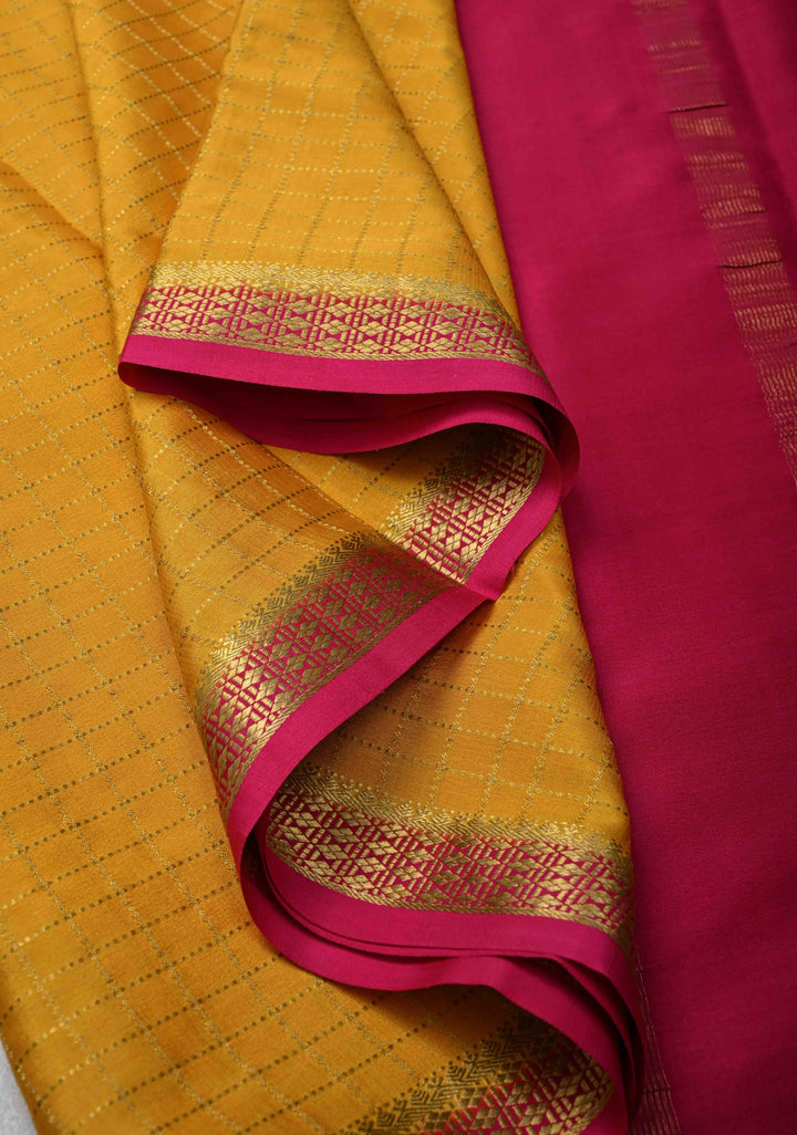 Mustard Yellow Mysore Silk Saree with Zari Checks and Zari Border in KSIC Grade Thickness| SILK MARK CERTIFIED