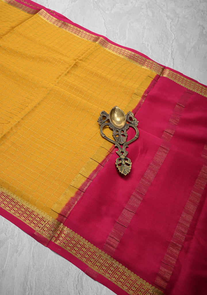 Mustard Yellow Mysore Silk Saree with Zari Checks and Zari Border in KSIC Grade Thickness| SILK MARK CERTIFIED