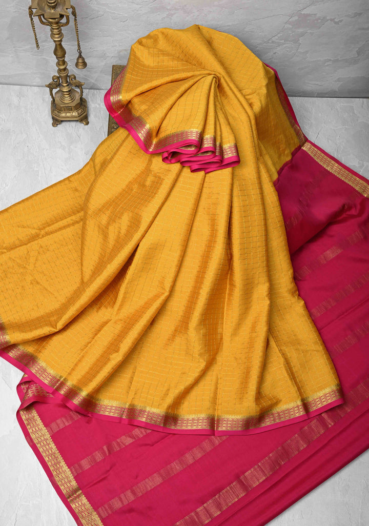 Mustard Yellow Mysore Silk Saree with Zari Checks and Zari Border in KSIC Grade Thickness| SILK MARK CERTIFIED