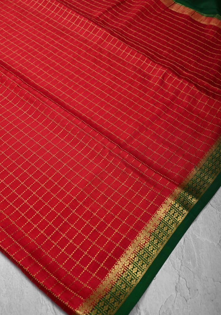 Red Checks Zari Mysore silk Saree With Zari Border in KSIC Grade Thickness | SILK MARK CERTIFIED