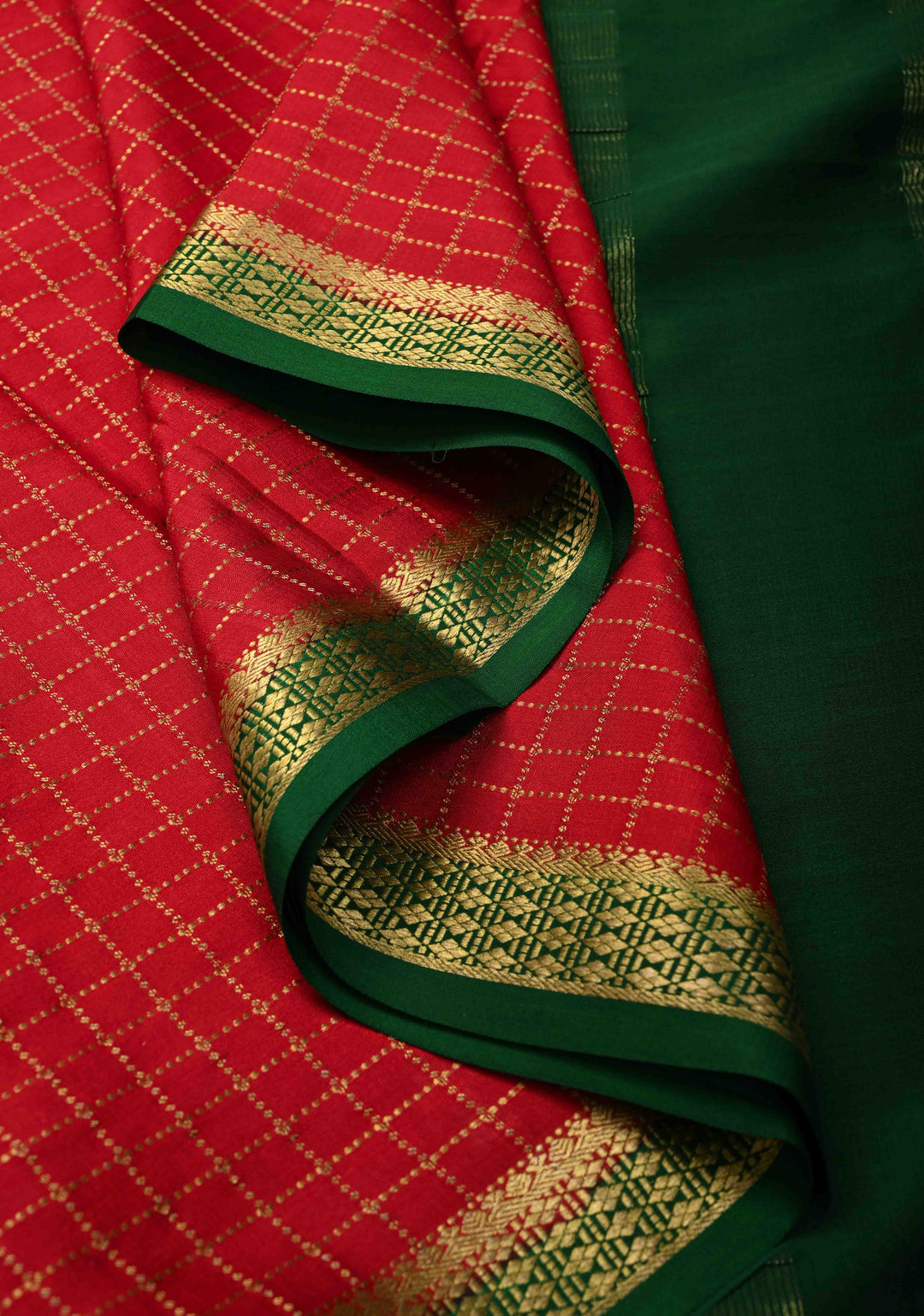 Red Checks Zari Mysore silk Saree With Zari Border in KSIC Grade Thickness | SILK MARK CERTIFIED
