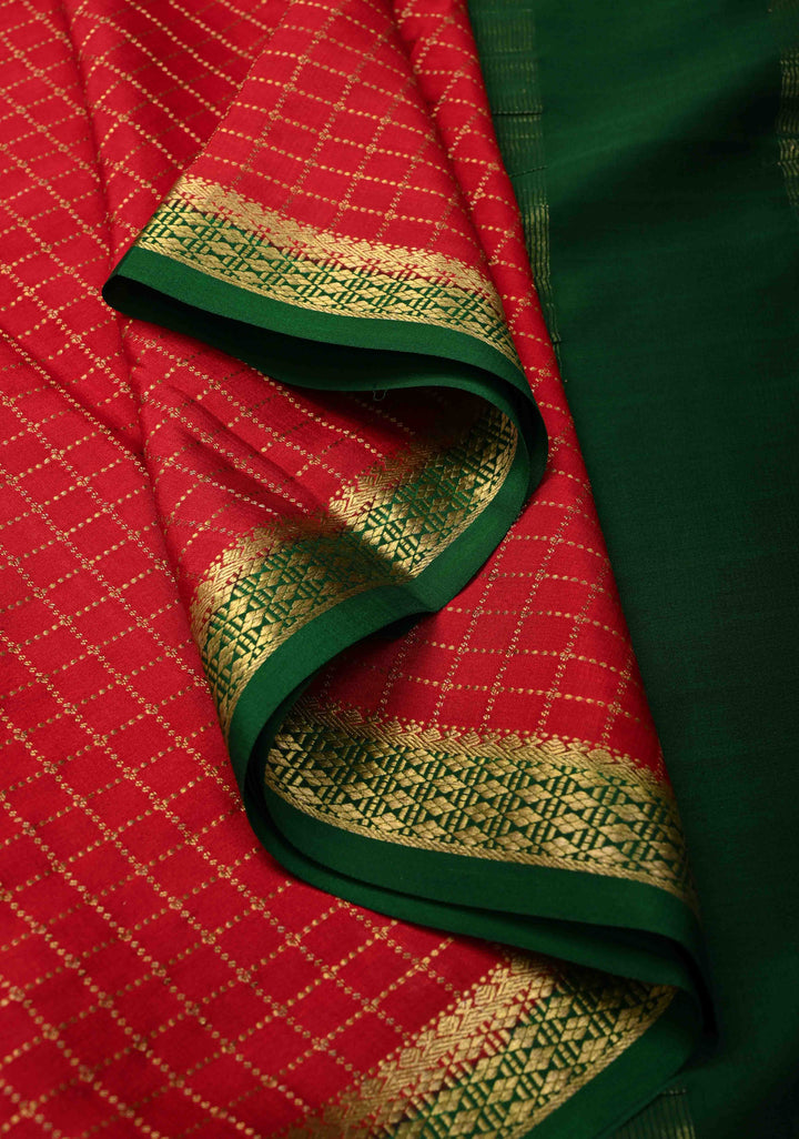 Red Checks Zari Mysore silk Saree With Zari Border in KSIC Grade Thickness | SILK MARK CERTIFIED